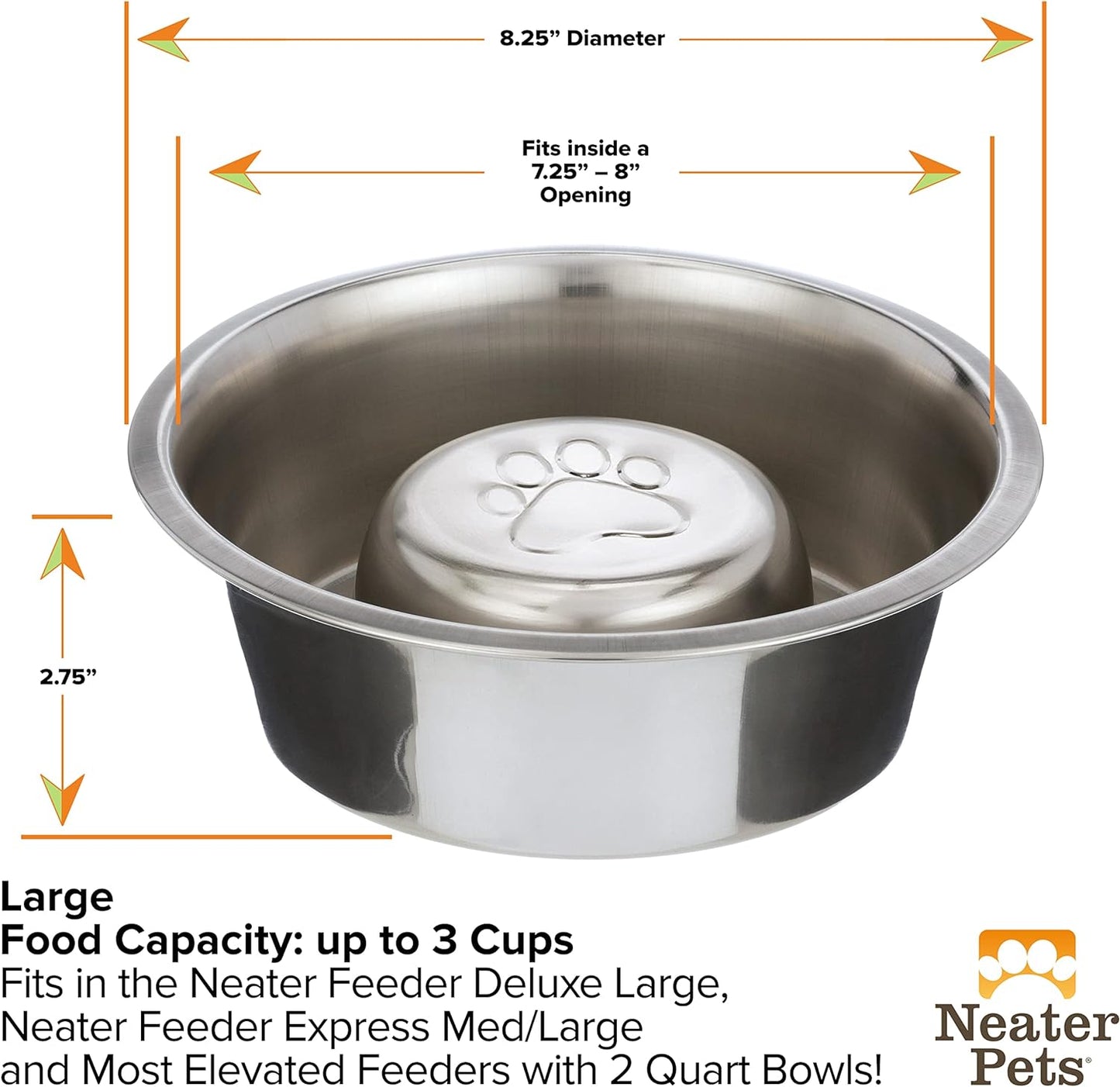 Neater Pet Brands Stainless Steel Slow Feed Dog Bowl for Fast Eating Large Breed, Metal Slow Feeder Dog Bowl Fits in Large Neater Feeders, for Puppy or Dogs (>40 lbs), 3 Cup Food Capacity