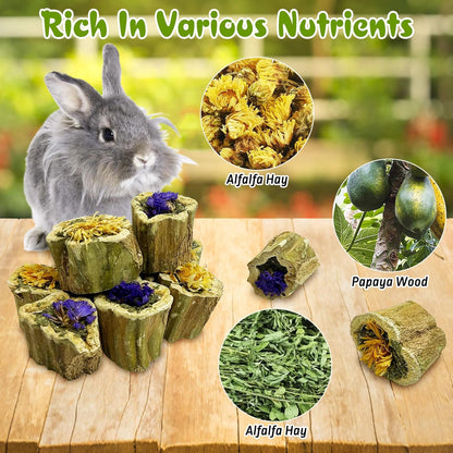 PINVNBY Natural Rabbit Chew Toys Organic Papaya Wood Bunny Treats with Alfalfa Hay and Dried Flower Guniea Pig Molar Snacks for Hamster Chinchilla Gerbil Small Animals Teeth Grinding (7.05 oz/200 g)