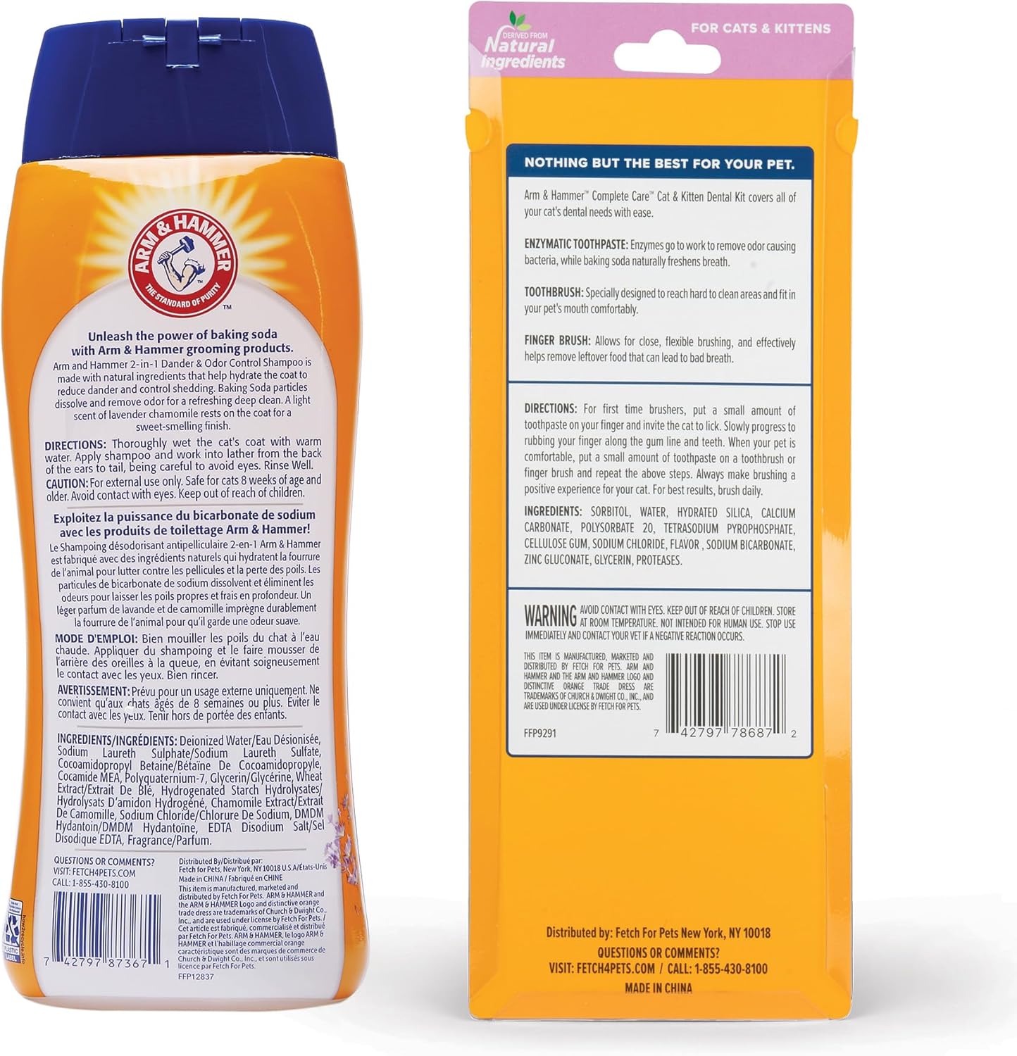 Arm & Hammer 2-in-1 Cat Shampoo & Complete Care Dental Kit Bundle – Dander Reducing Cat Shampoo, Lavender Chamomile Scent (20 Fl Oz) & Tuna Flavor Enzymatic Toothpaste with Toothbrush Set