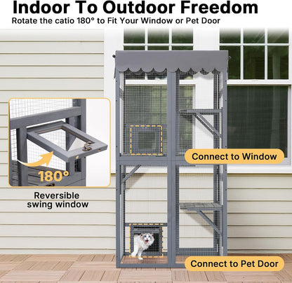 Veehoo Catio Outdoor Cat Enclosure, 63" Cat Outdoor Enclosure Window Access, Large Wooden Indoor Cats Patio Cage with Weatherproof Tarp Roof