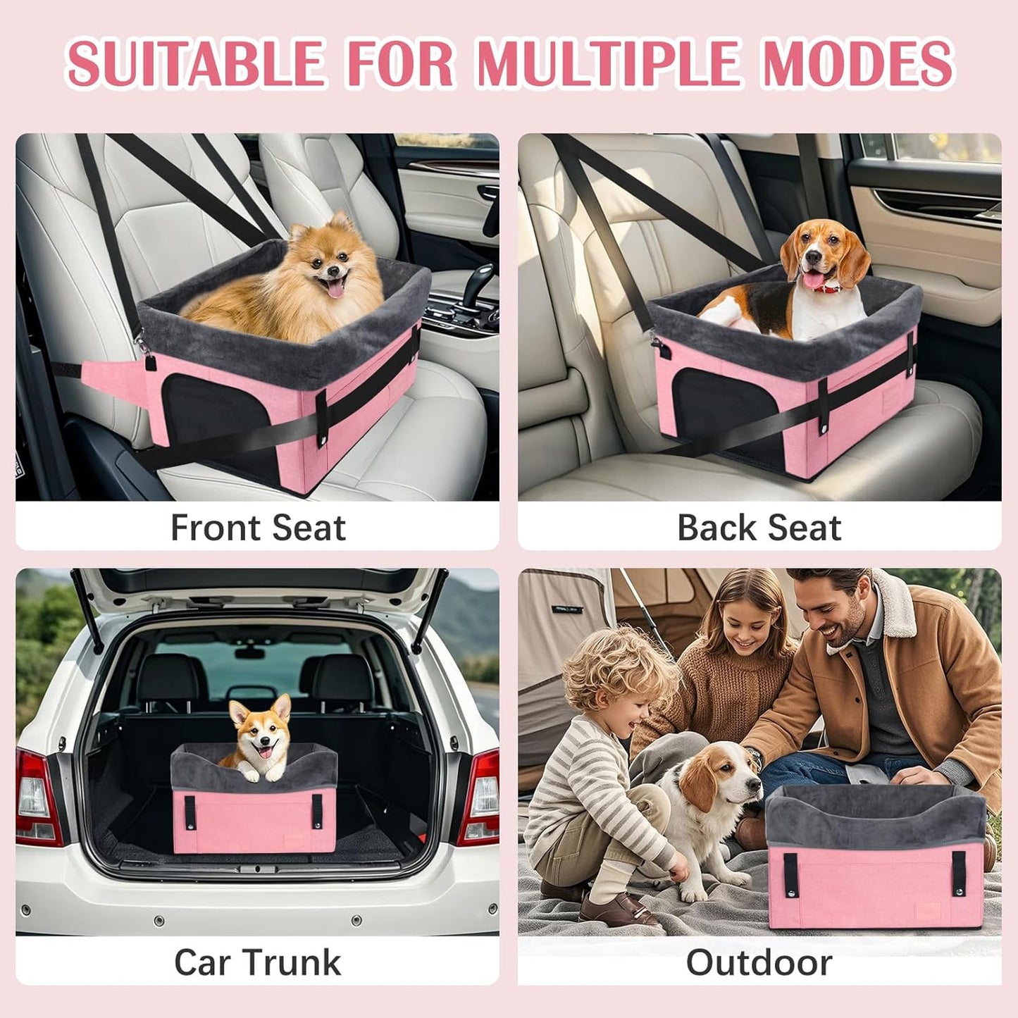 PetsHome Dog Car Seat for Small Dogs, Detachable Washable Dog Booster Car Seat with Storage Pocket, Breathable Mesh, Safety Leash, Adjustable Straps for Small Pets Up to 25lbs-Pink