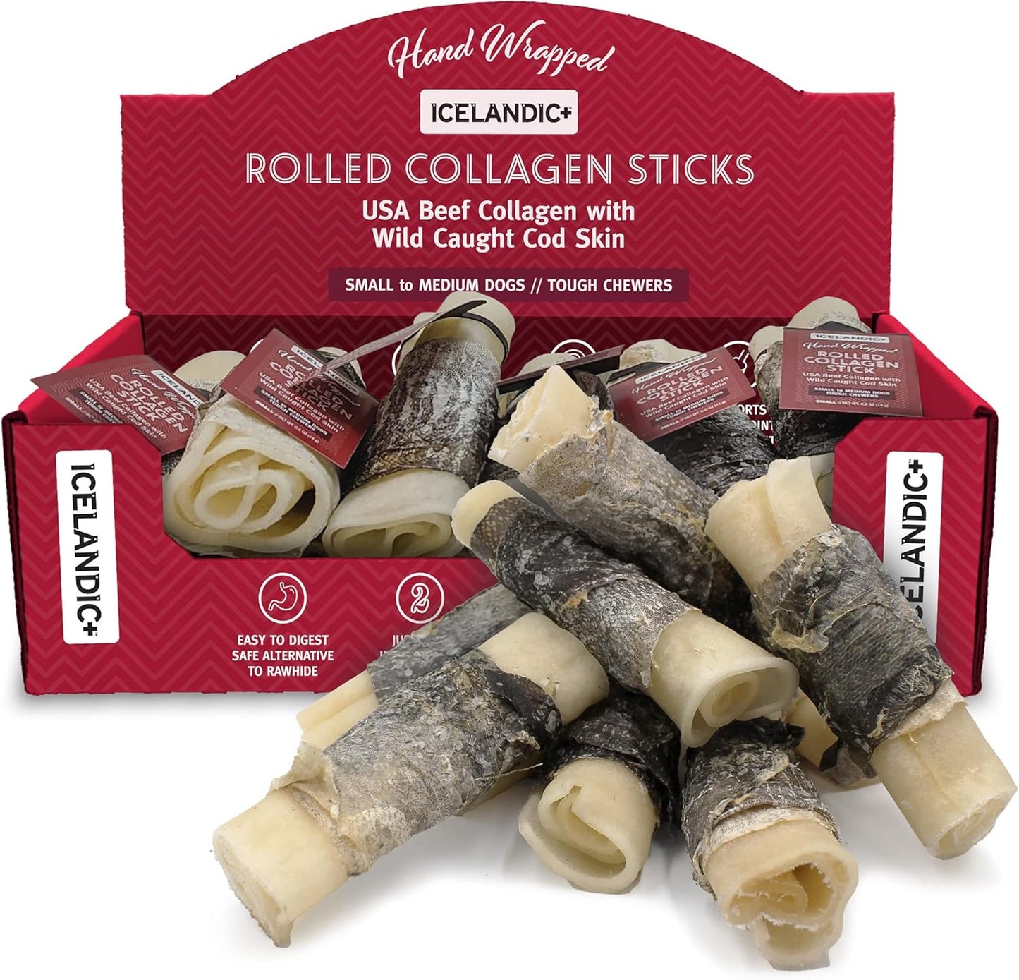 Icelandic+ Rolled Collagen Stick: Beef & Cod Skin - 4" Dog Crew Treat, Hand-Wrapped Fish, 2 Ingredient Pet Snacks, Dental Health, Rawhide Alternative (Pack of 6)