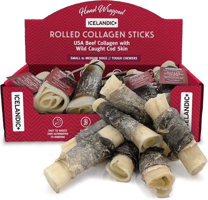 Icelandic+ Rolled Collagen Stick: Beef & Cod Skin - 4" Dog Crew Treat, Hand-Wrapped Fish, 2 Ingredient Pet Snacks, Dental Health, Rawhide Alternative (Pack of 6)