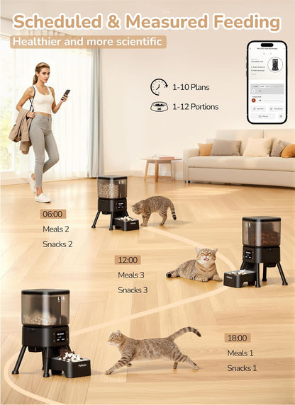 Dual Chamber Automatic Cat Feeder, 4L Smart WiFi Pet Food Dispenser with 2.4&5G WiFi App, Custom Schedule & Portion Control for Dry Food and Treats