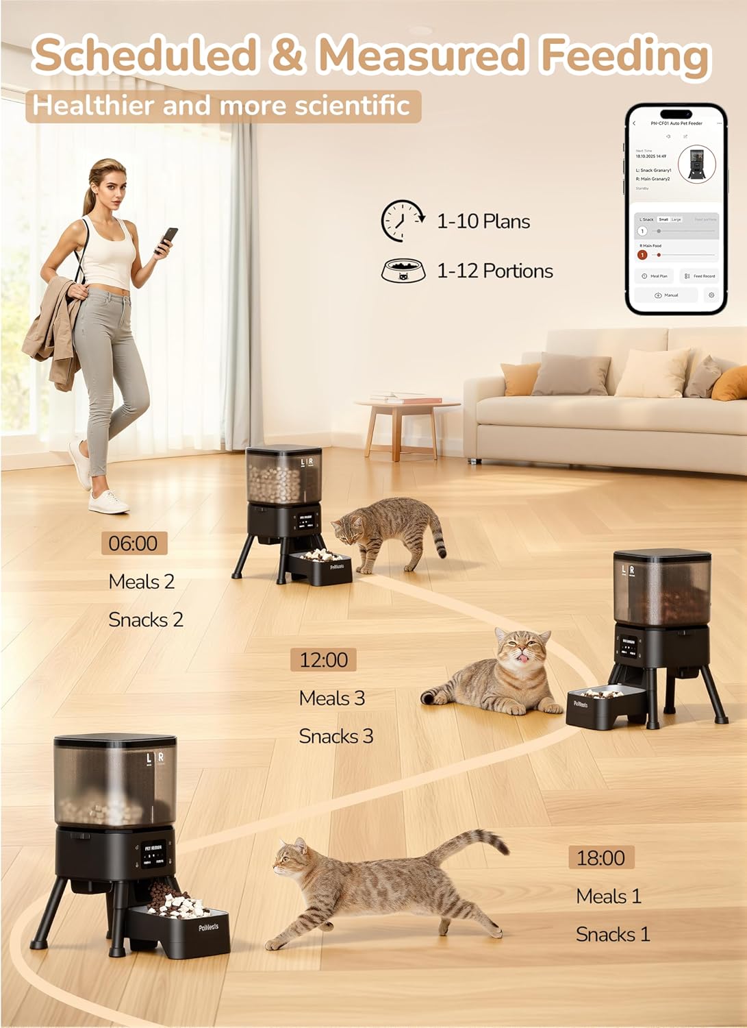 Dual Chamber Automatic Cat Feeder, 4L Smart WiFi Pet Food Dispenser with 2.4&5G WiFi App, Custom Schedule & Portion Control for Dry Food and Treats