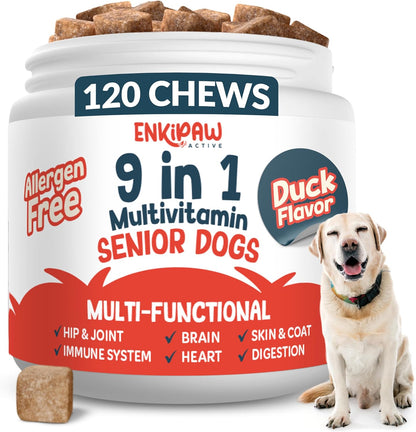 9-in-1 Senior Dog Supplement Multivitamin - Soft Dog Chews Treats for Joints, Energy, Digestion, Immunity | Probiotics, Colostrum, Omegas, Taurine – Duck Flavor - 120 Chewables