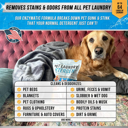 Pet Laundry Detergent Odor Remover - ACTIVE Enzyme Based Powder Detergent for Dogs Beds, Cat Pee, HE Washer Friendly Natural Enzymatic Deodorizer, Urine, Smell, Dog Drool, Stain Eliminator - 64 Loads