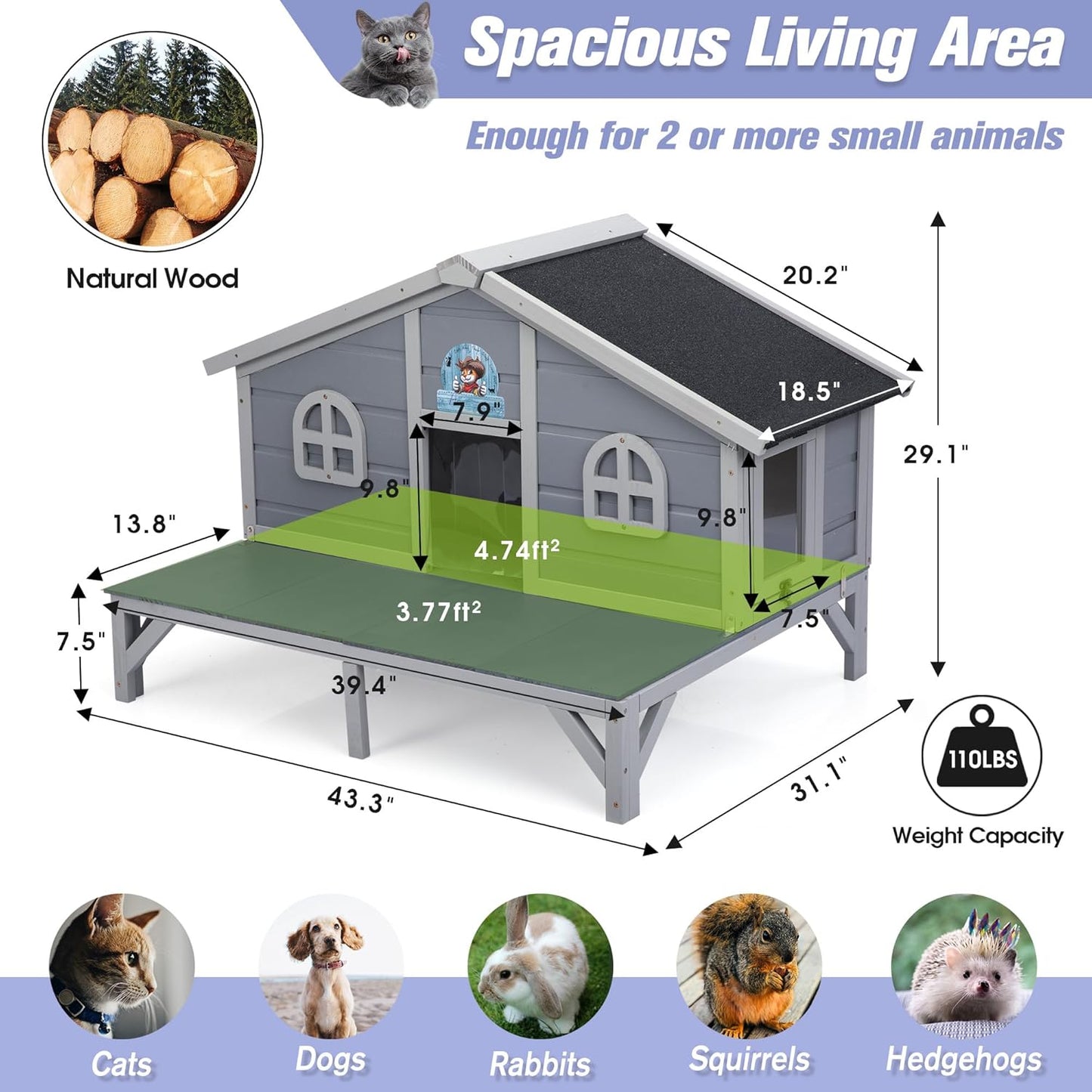 Outdoor Feral Cat House, Large Wooden Outside Cat Shelter with Balcony, Sloped Weathproof Roof, Elevated Legs, Escape Doors, Grey