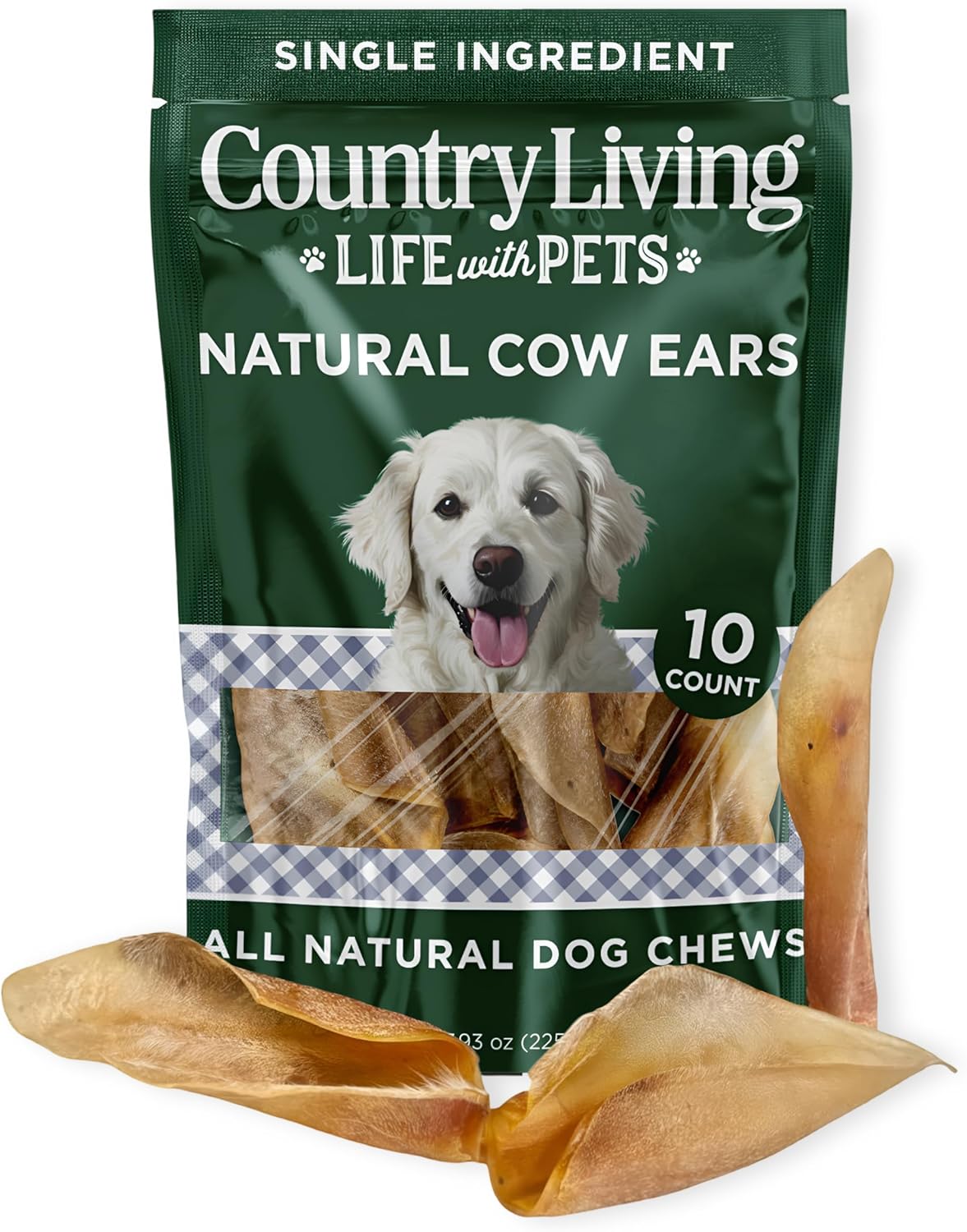 Country Living Natural Cow Ears Dog Chews – 10 Count Bag – All-Natural, Single-Ingredient, Long-Lasting Dog Chews – High-Protein, Low-Fat, Rawhide-Free – Supports Dental Health