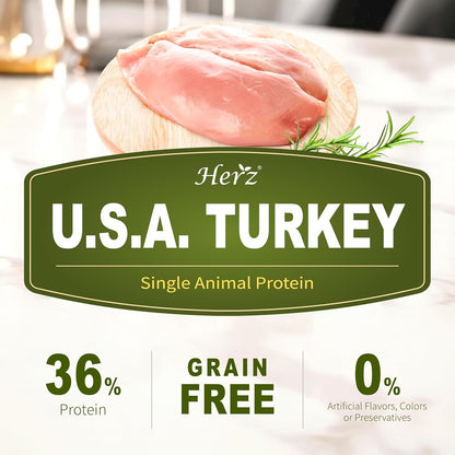 Herz Air-Dried Dog Food – U.S.A Turkey Breast Recipe 2 lb, Single Pure-Meat, Grain Free, All Natural, High Protein, Limited Ingredients