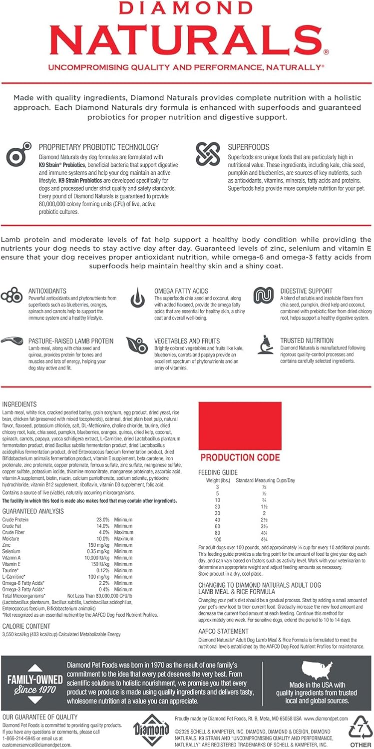 Diamond Naturals Adult Dry Dog Food Lamb Meal and Rice Formula Made with High Quality Lamb Protein, Probiotics and Essential Nutrients to Support Balanced and Overall Health 40Lb
