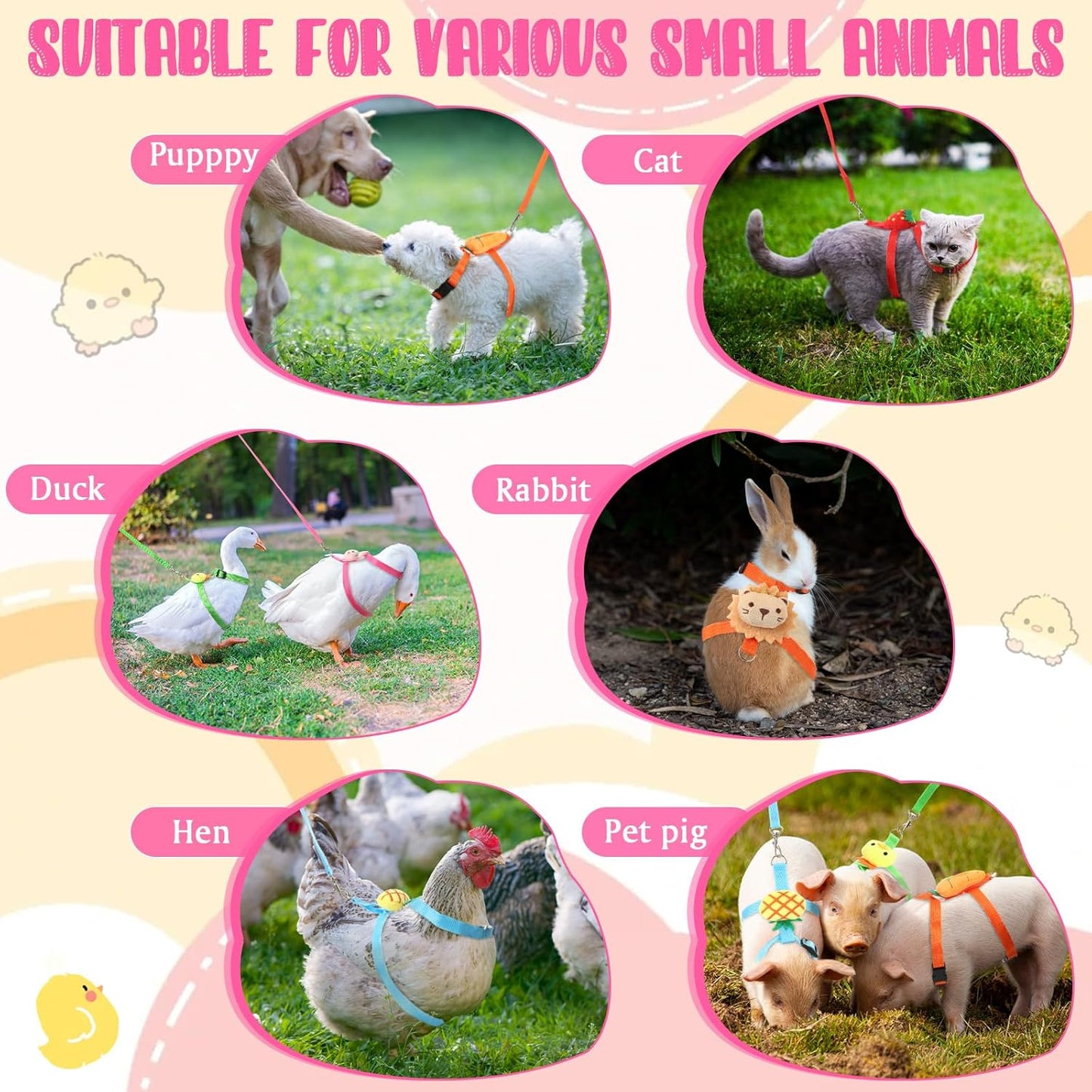 6 Pcs Adjustable Chicken Harness with Leash Cute Pattern Adjustable Walking Rope Outdoor Traction Rope for 2.5–3.6 Lb Chicken Goose Hen Duck Rabbit Small Animals