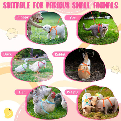 6 Pcs Adjustable Chicken Harness with Leash Cute Pattern Adjustable Walking Rope Outdoor Traction Rope for 2.5–3.6 Lb Chicken Goose Hen Duck Rabbit Small Animals