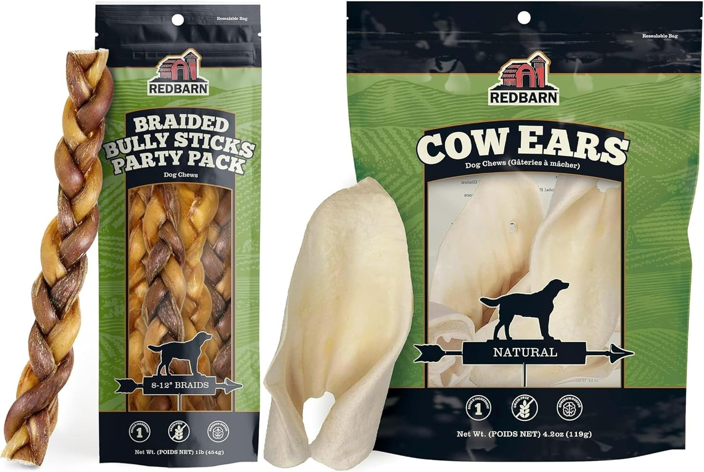 Redbarn Braided Bully & Cow Ears Value Bundle for Large Dogs - Natural Single Ingredient Rawhide Free Chews