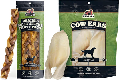 Redbarn Braided Bully & Cow Ears Value Bundle for Large Dogs - Natural Single Ingredient Rawhide Free Chews