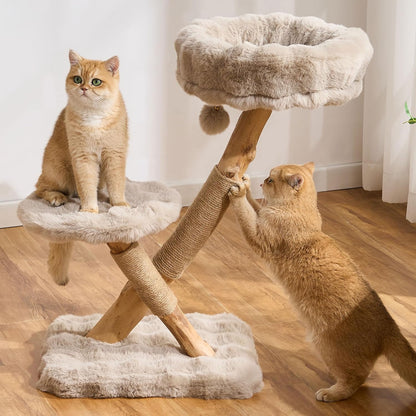 Natural Wood Cat Tree for Indoor Cats Adults, 33in Modern Cat Tree Tower with Super Soft Plush Cat Bed & Perch, Sisal Scratching Posts and Hanging Plush Ball, Soft Khaki