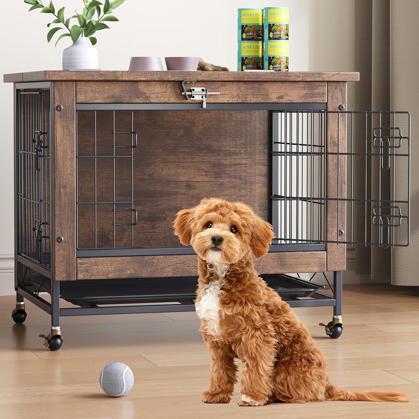 26-Inch Double-Door Pet Crate Furniture, Wooden Dog House with Locking Wheels, Chew-Resistant Indoor Pet Side Table, Rustic Brown Finish, Versatile Pet Housing Solution