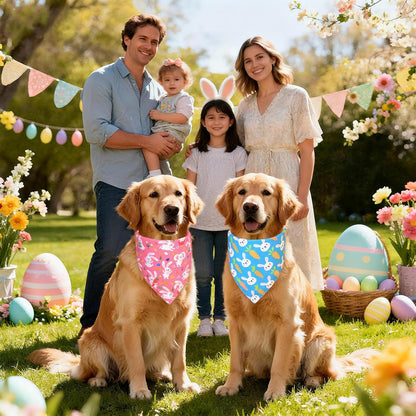 Easter Dog Bandanas 2 Pack - Reversible Bunny & Carrot Pastel Plaid Scarf for Large to X-Large Dogs, Pink & Blue Costume Accessories for Spring Gift