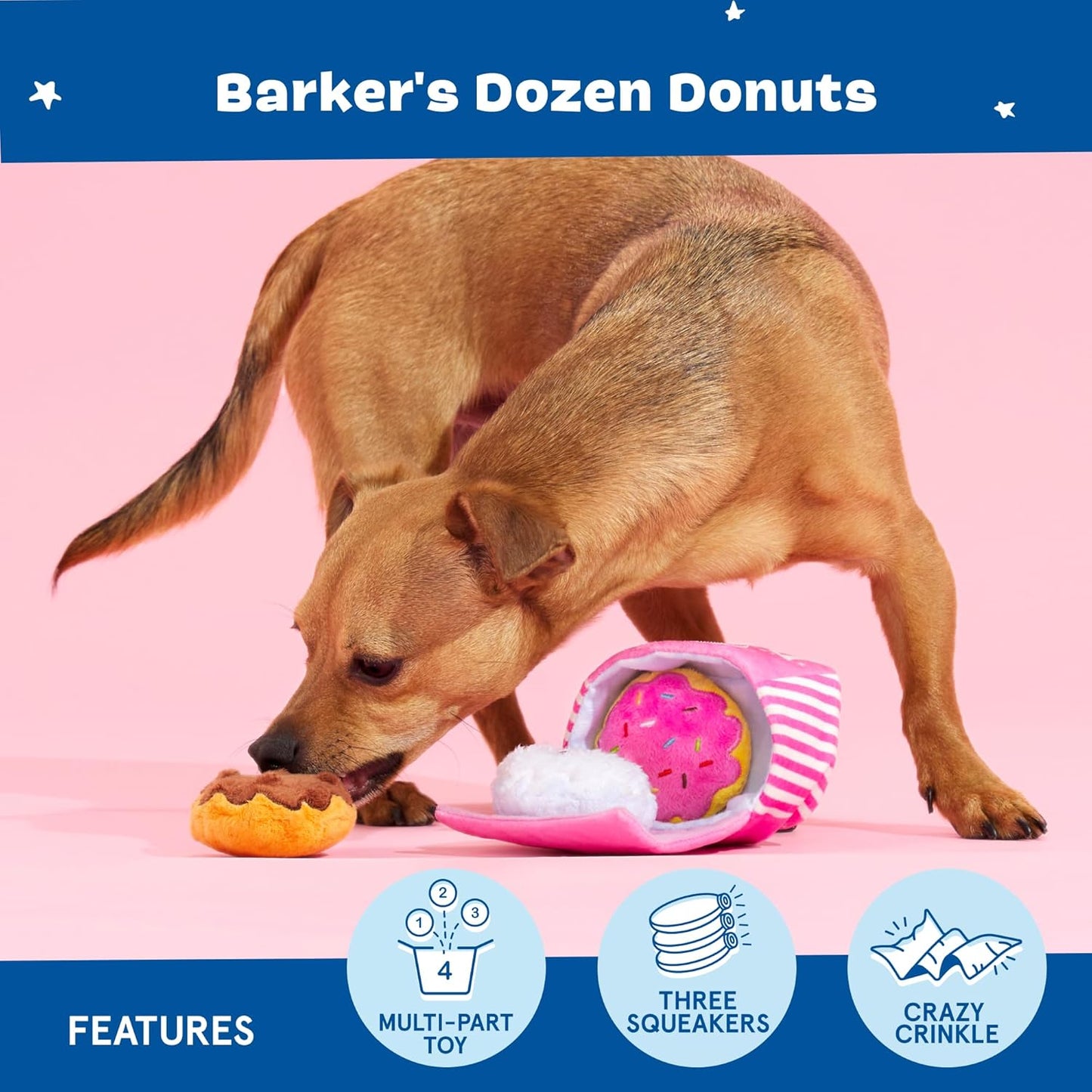 Barkbox Dog Toys – Barker’s Dozen Donuts Plush 4 in 1 Multi Part Interactive Dog Toy for Dogs & Puppies – Small