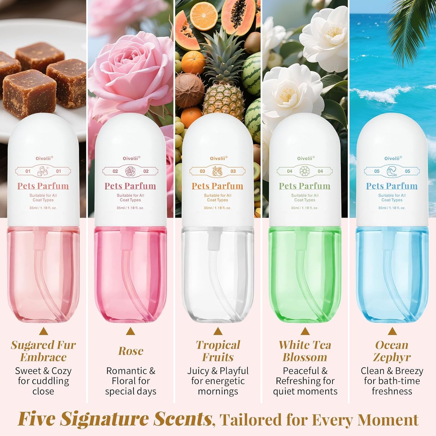 Dog Cologne & Pet Perfume Gift Set – 5 Long Lasting Scents for Dogs & Cats – Natural, Alcohol-Free Pet Fragrance – Safe Deodorizing Grooming Mist for Puppies & Kittens