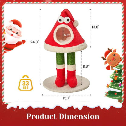 Christmas Cat Tree Tower –Santa Hat Design with Scratching Posts & Cozy Bed, Suitable for Small to Large Cats, Red