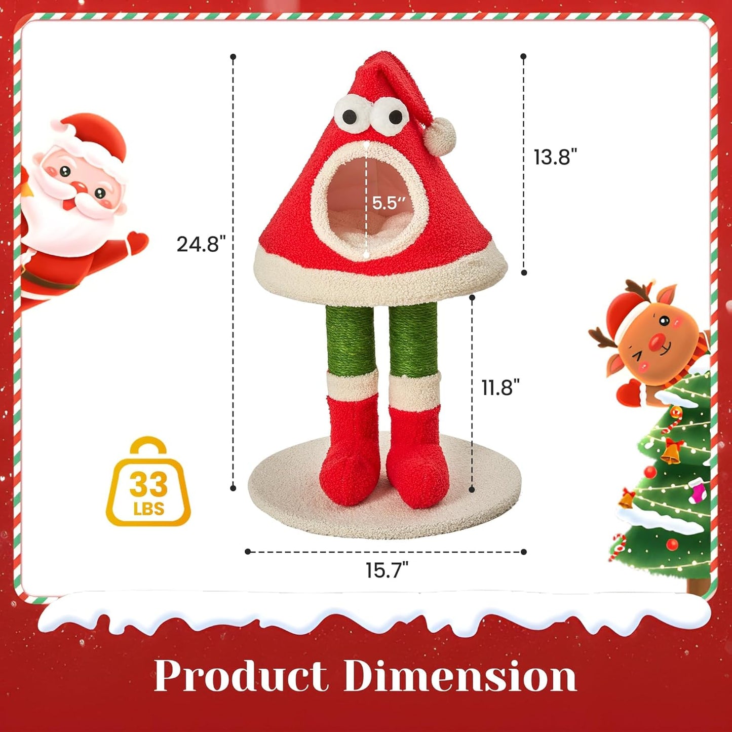 Christmas Cat Tree Tower –Santa Hat Design with Scratching Posts & Cozy Bed, Suitable for Small to Large Cats, Red