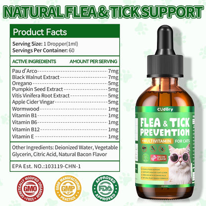 Flea & Tick Support for Cats – Natural Herbal Drops with Multivitamin – Fleas and Ticks Comfort Formula for Cat All Breeds & Ages – Bacon Flavor