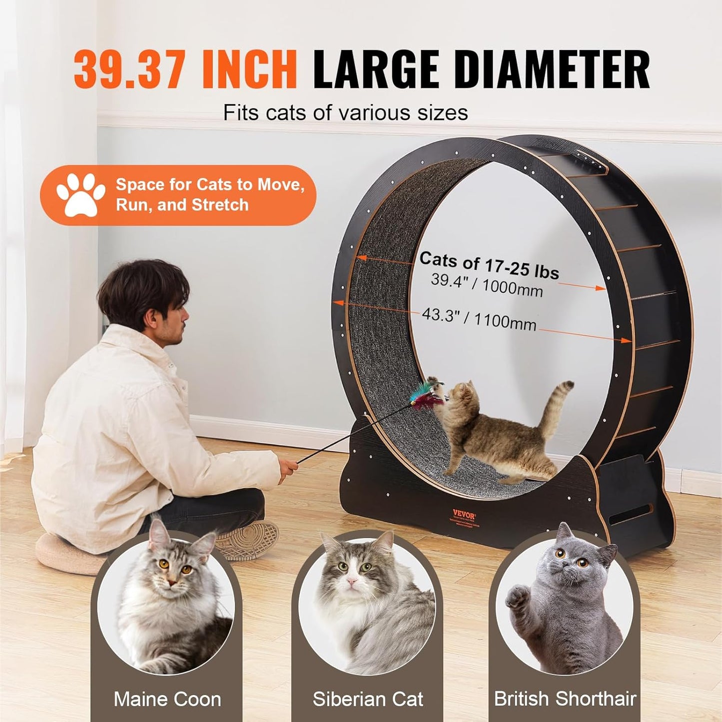 VEVOR Cat Exercise Wheel, 43.3" Large Treadmill for Indoor Cats, Running Wheel With Detachable Carpet & Teaser for Running/Walking/Training, Suitable for Most Cats Black