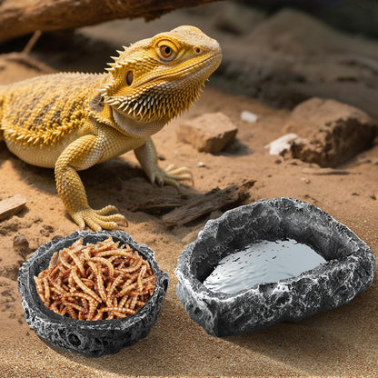 TRUVIC Reptile Habitat Decor Kit: Resin Tree Trunk Reptile Hide & Dual Feeding Dish Set
