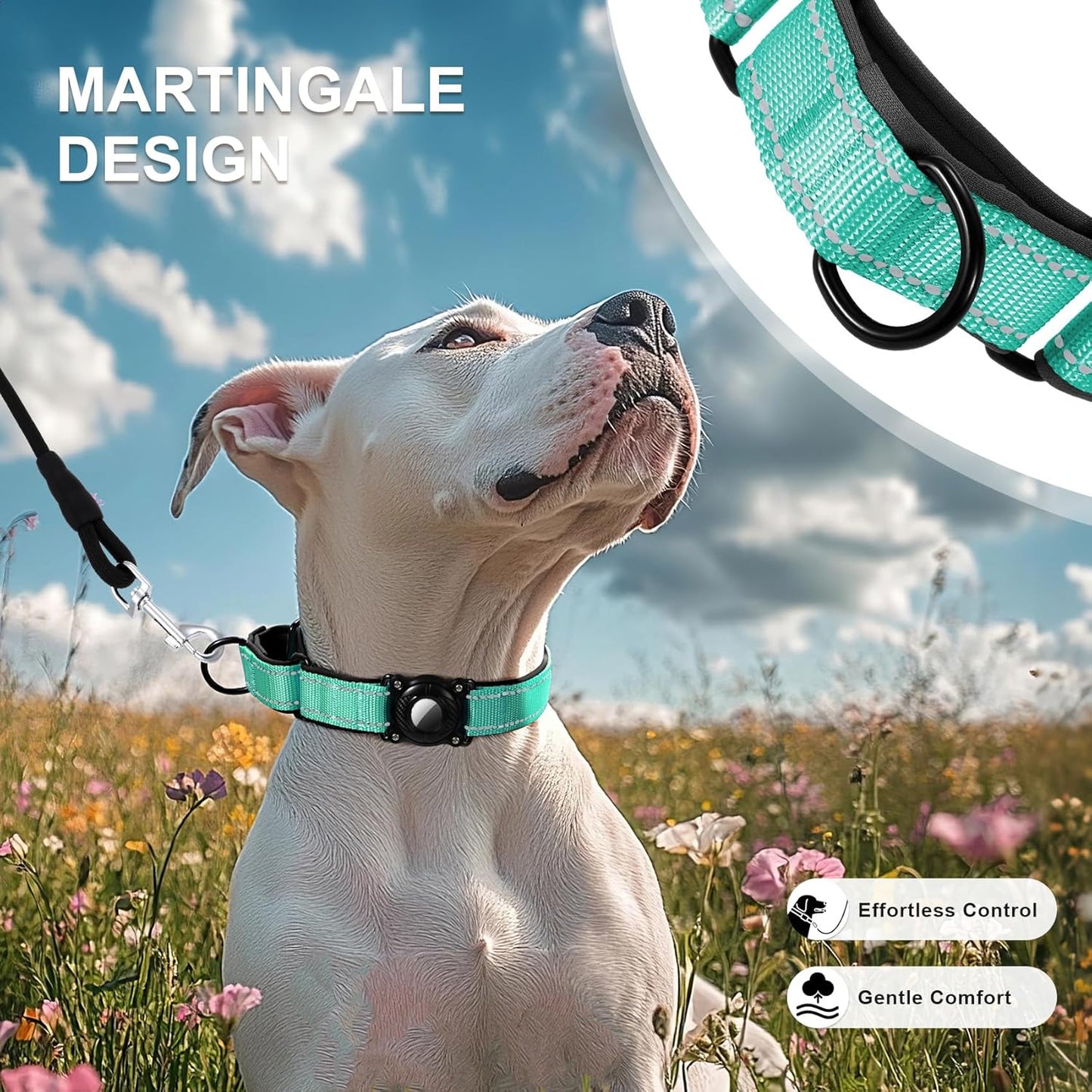 Airtag Dog Collar, Reflective Martingale Dog Collar with IP68 Waterproof Airtag Holder, Quick Release Buckle Soft Padded Collars for Large Medium Small Dogs, Green