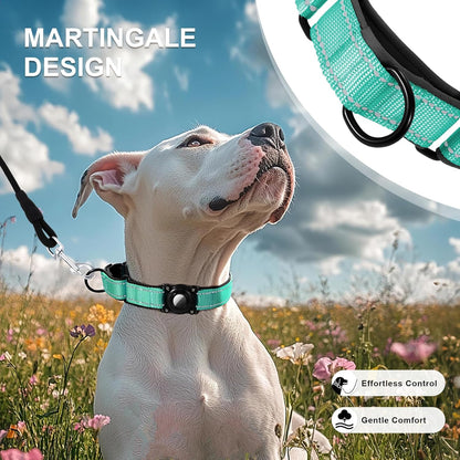 Airtag Dog Collar, Reflective Martingale Dog Collar with IP68 Waterproof Airtag Holder, Quick Release Buckle Soft Padded Collars for Large Medium Small Dogs, Green