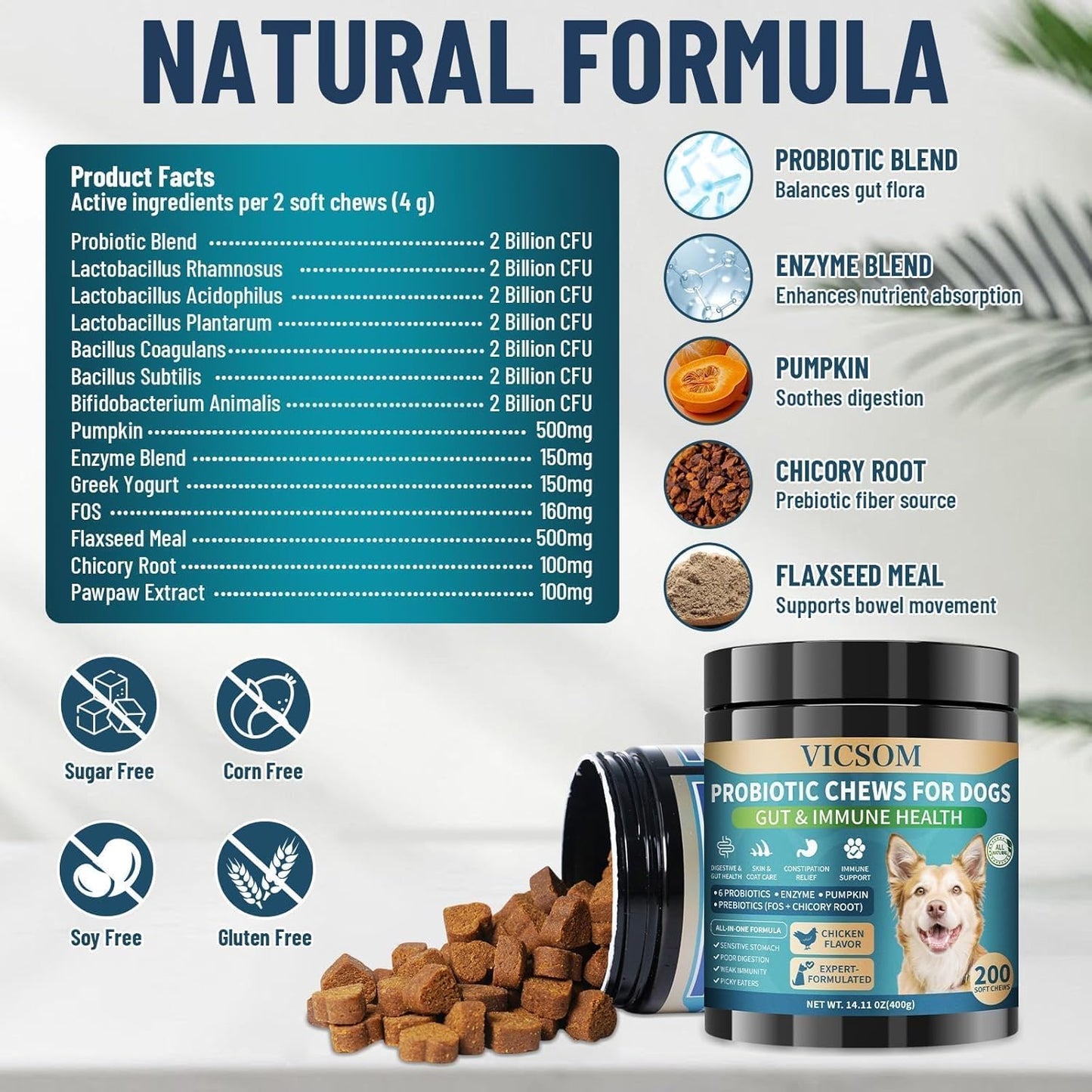 Dog Probiotics for Dogs, 200 Soft Probiotics Chews for Dogs Digestive Health Gut Health & Immune System, with 6 Probiotics & Digestive Enzymes, Support Itchy Skin, Constipation & Diarrhea Relief