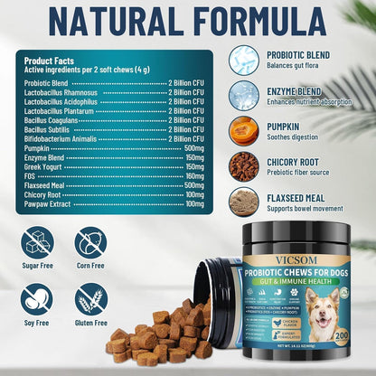 Dog Probiotics for Dogs, 200 Soft Probiotics Chews for Dogs Digestive Health Gut Health & Immune System, with 6 Probiotics & Digestive Enzymes, Support Itchy Skin, Constipation & Diarrhea Relief