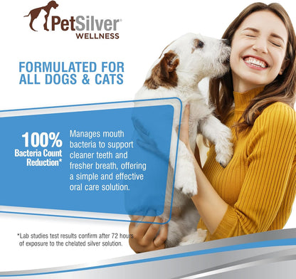 PetSilver Teeth & Gum Water Additive for Dental Care - Pet Breath Freshener - Targets Tartar, Plaque & Eliminates Bad Breath - Dog Oral Care & Cat Teeth Cleaning - No Brushing & Tasteless - 12 fl oz