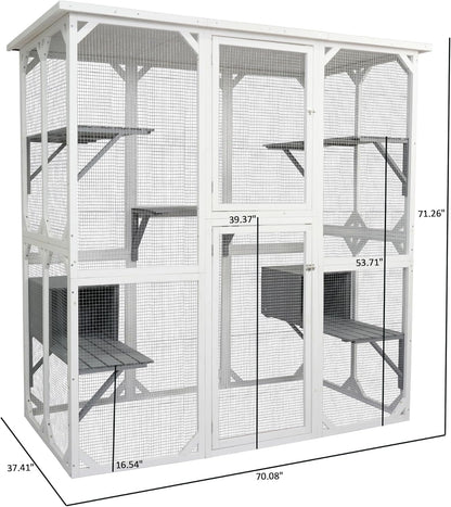Wooden Outdoor Cat Cage with Asphalt Roof,Cat House with Jump Platforms and Sleeping Nook, Weatherproof Cat Enclosure for Indoor/Outdoor Use, Stylish & Spacious Design,70" L x 37" W x 71" H White