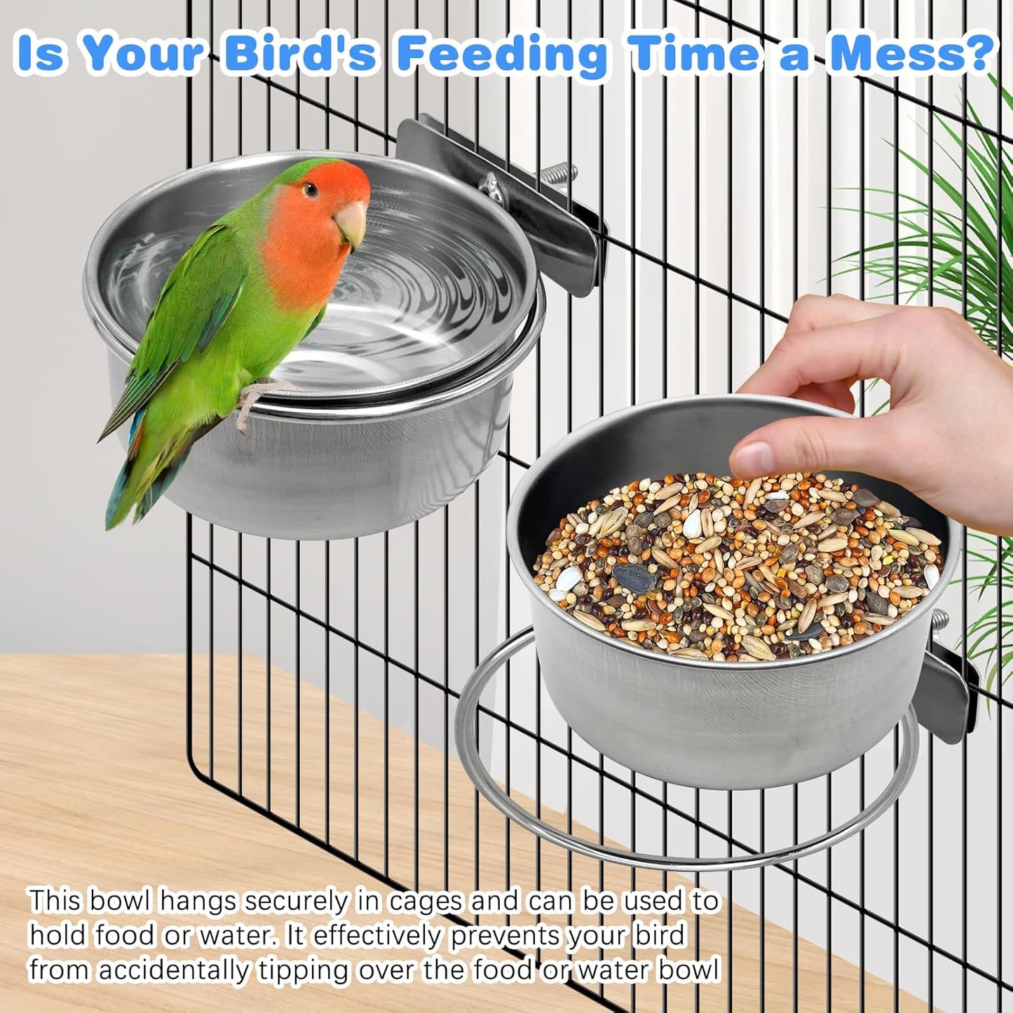 Tfwadmx Bird Feeding Dish Cups Parrot Food Bowl Clamp Holder Coop Cup, 2PCS Bird Cage Water Bowl for Parakeet African Greys Conure Cockatiels Lovebird Budgie Chinchilla