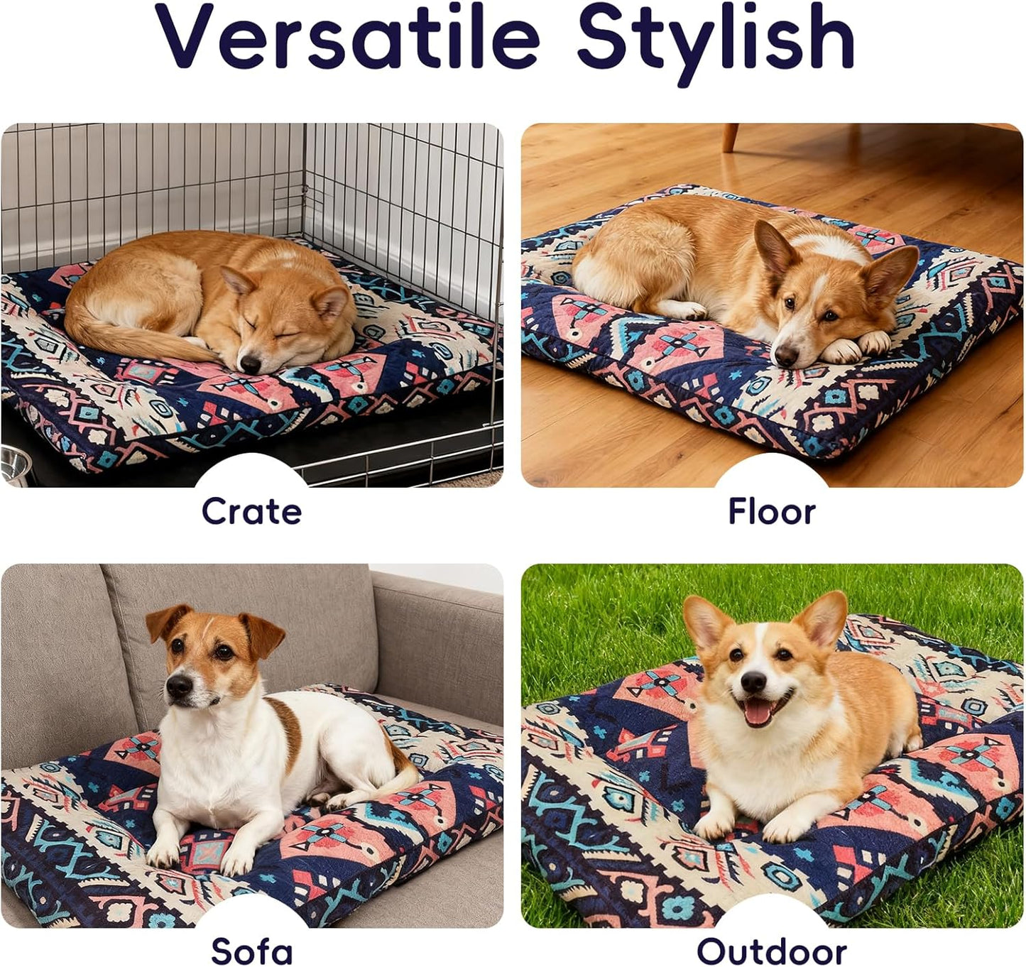 Washable Dog Crate Bed, Ultra Soft & Anti-Slip Crate Pad, Cozy Kennel Mat for Large/Medium/Small Dogs, Thick & Bohemian Dog Bed Mat (Pink, 23.0" L x 17.0" W x 2.3" H)