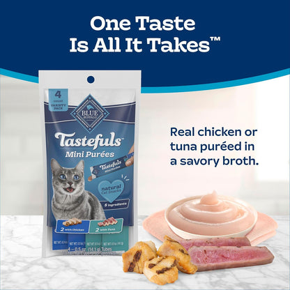 Blue Buffalo Tastefuls Mini Purées, Adult Cat Natural Single-Serving Snack, 4-Count Variety Pack Chicken and Tuna, 0.5 oz. (Pack of 4)