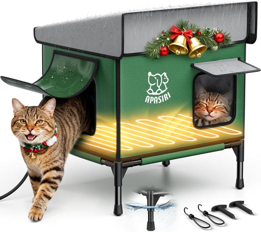 Apasiri Heated Cat House for Outdoor: Weatherproof Outside Cat Shelter, Insulated Cat House Outdoor with Heated Pad, Sloping Roof & Escape Door, Elevated Base for Stray Cats, Small