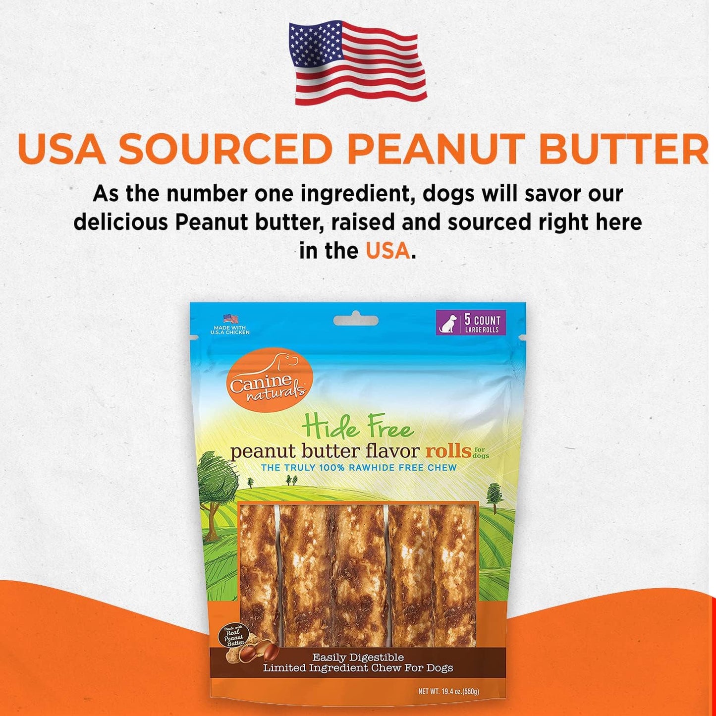Canine Naturals Peanut Butter Chew - 100% Rawhide Free Dog Treats - Made with Real Peanut Butter - All-Natural and Easily Digestible - 5 Pack of 7 Inch Large Rolls for Dogs 50-75lb