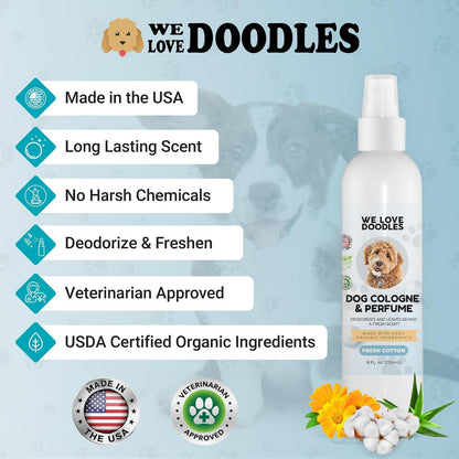 We Love Doodles 75 pcs Dog Teeth Cleaning Wipes & Dog Cologne Bundle - Pet Dental Finger Wipes for Dogs, Freshens Breath Dog Dental Wipes, Pawfume After Bath for Smelly Dogs, Fresh Cotton