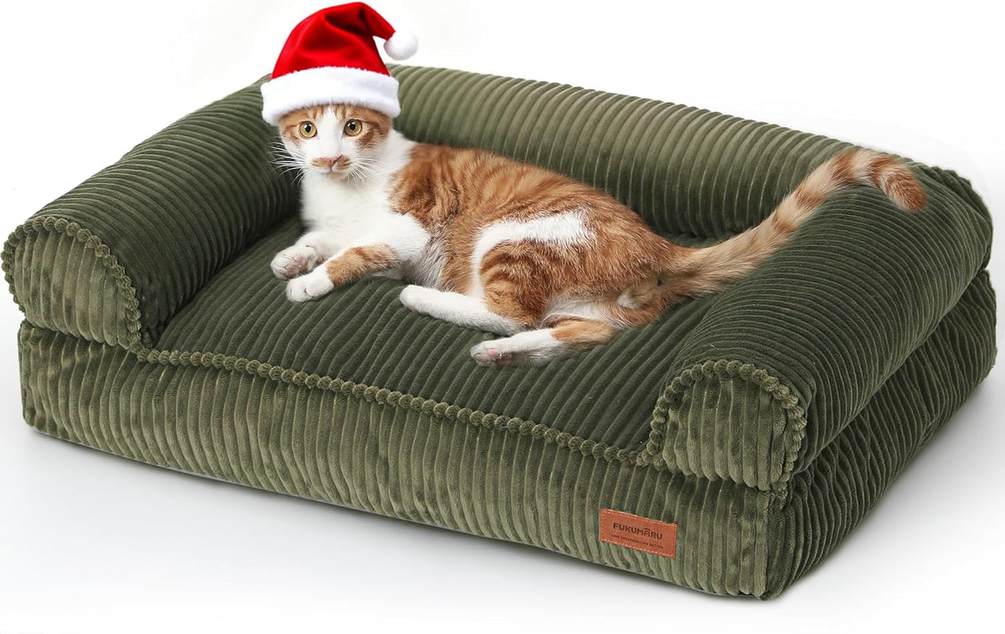 FUKUMARU Dog Couch Bed, Corduroy Cozy Cat Bed for Indoor Cats with Washable Cover, 28in Waterproof Orthopedic Dog Beds Sofa for Small Dogs and Large Cats, Cute Warm Cotton Pet Sofa, Green
