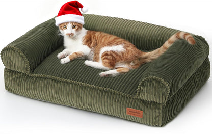FUKUMARU Dog Couch Bed, Corduroy Cozy Cat Bed for Indoor Cats with Washable Cover, 28in Waterproof Orthopedic Dog Beds Sofa for Small Dogs and Large Cats, Cute Warm Cotton Pet Sofa, Green