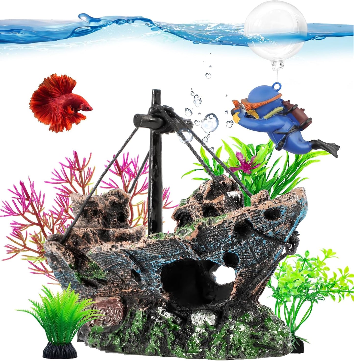 6 Pcs Aquarium Decor Set Shipwreck Decoration Little Diver Floating Fish Tank Decoration Fish Tank Plants