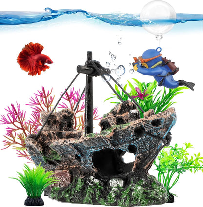 6 Pcs Aquarium Decor Set Shipwreck Decoration Little Diver Floating Fish Tank Decoration Fish Tank Plants