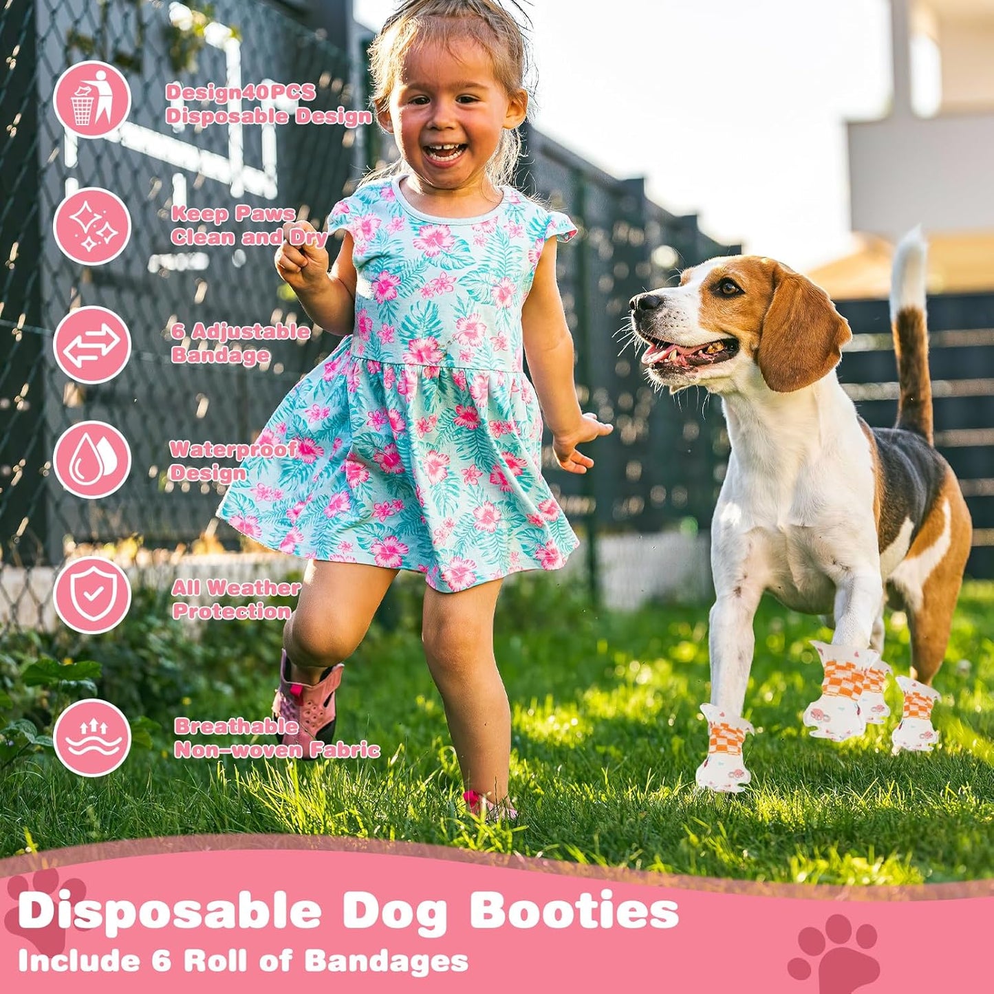 40 Pcs Disposable Dog Boots, Disposable Dustproof Dog Shoes, Breathable Disposable Pet Booties with Adjustable Self-Adhesive Bandage for Indoor and Outdoor Use Protection (Pink, L)