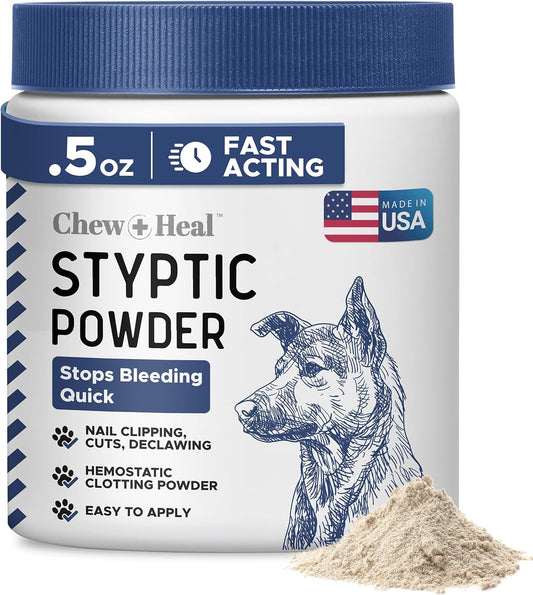 Chew + Heal Labs Styptic Powder for Dogs - .5 oz Quick Stop Bleeding for Dogs Nails & Animal Cuts - Blood Stop Clotting Powder & Wound Care