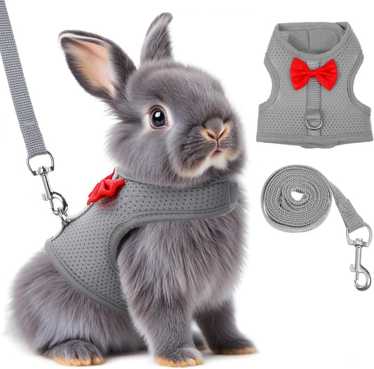 Bunny Harness and Leash Set, Soft Breathable Mesh Rabbit Leash Vest with Safety Buckles, Lightweight Escape-Proof Walking Gear for Rabbits, Kittens, Ferrets, Guinea Pigs, Grey M