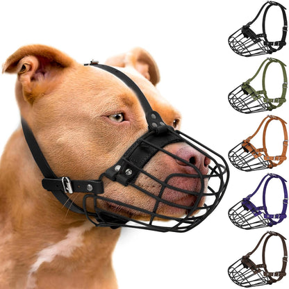 Pitbull Dog Muzzle Breathable Metal Basket for Large Dogs Amstaff Staffordshire Terrier Secure Wire Mask Adjustable Durable Leather Straps Biting Chewing Barking (Black)