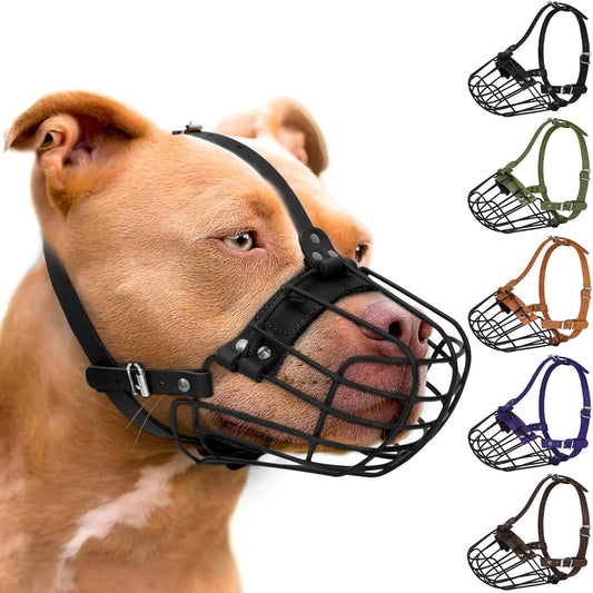 Pitbull Dog Muzzle Breathable Metal Basket for Large Dogs Amstaff Staffordshire Terrier Secure Wire Mask Adjustable Durable Leather Straps Biting Chewing Barking (Black)